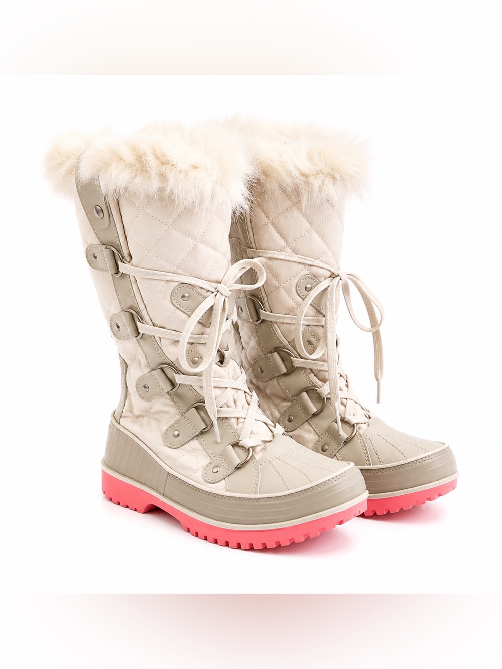 Sorel Tivoli Twist Winter Boots Size 9 Beige Quilted Faux Fur Lace Up Snow Boots